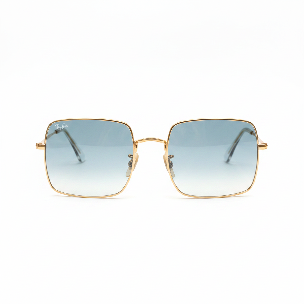  Detalle de montura dorada Ray-Ban Square 1971 con cristal celeste — anteojos premium estilo vintage para mujer